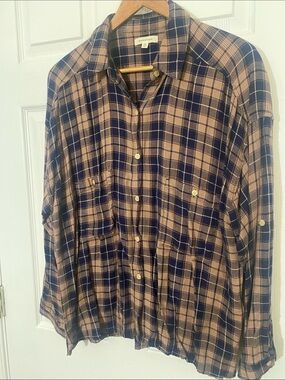 MaxStudio Plaid Button-up  Shirt long sleeve with roll tab cuffs oversized